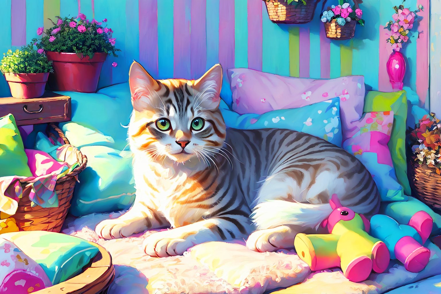 (best quality,ultra-detailed,cute animals,vivid colors,soft lighting,digital illustration,fluffy fur,playful expressions,adorable poses,dreamy atmosphere,colorful surroundings), (art by Makoto :1.5), digital art, child, cute cat, 16K, cool wallpaper, things, jasmine, pillows, clutter, toy, basket, wood, pot, can copper, garden yard, circle face, smile, sharp focus, HDR,Cosplay,onitsuka_natsumi_lovelivesuperstar,Add more details