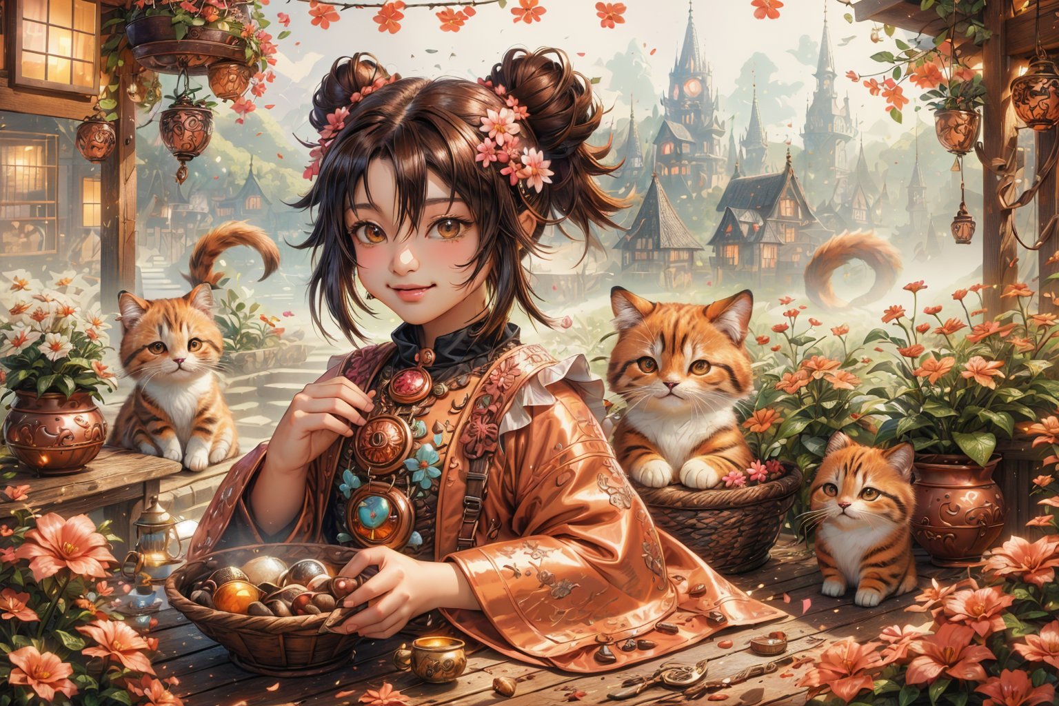 (best quality,ultra-detailed,cute animals,vivid colors,soft lighting,digital illustration,fluffy fur,playful expressions,adorable poses,dreamy atmosphere,colorful surroundings), (art by Makoto :1.5), (hair bun, cute hair), digital art, child, cute cat, 16K, cool wallpaper, things, jasmine, pillows, clutter, toy, basket, wood, pot, can copper, garden yard, circle face, smile, sharp focus, HDR, Add more details