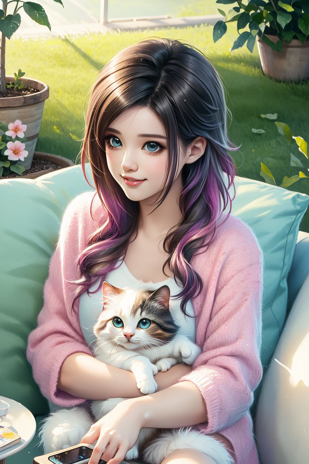 (best quality,ultra-detailed,cute animals,vivid colors,soft lighting,digital illustration,fluffy fur,playful expressions,adorable poses,dreamy atmosphere,colorful surroundings), (art by Makoto :1.5), digital art, child, cute cat, 16K, cool wallpaper, things, jasmine, pillows, clutter, toy, basket, wood, pot, can copper, garden yard, circle face, smile, sharp focus, HDR,(cute long hair fashion style :1.4) ,onitsuka, Add more details