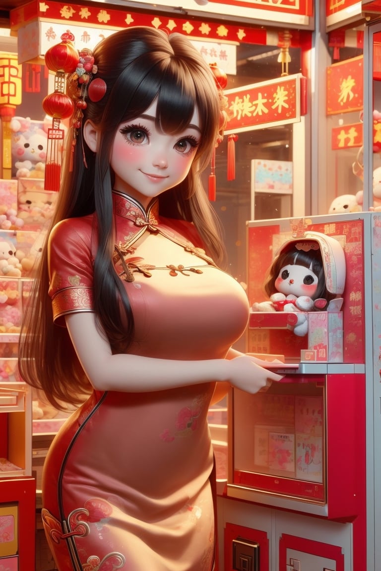(4k,8k,highres,masterpiece:1.2),ultra-detailed,adorable,cartoon style,cuddly,playful,soft fur,expressive eyes,cheerful,smiling,fluffy ears, 1girl, (((best quality))), extremely detailed, ((claw machine)), ((claw is clamping a doll box up)), hand on bottom panel, control joystick and press button with hand, cleavage, big tits, ribbon, beige lace overalls, black updo longhair, shy, blush, petite figure proportion, claw machine, Glittering, cute and adorable, (perfect lighting, perfect shadow), wide shot, dreamlike scenery, Realism, blending colors,vibrant hues, amazing photo, wearing dress pretty ruffle, cute shoe, (red Gorgeous Chinese dress:1.5),hug pillow heart, holding cute doll, Chibi, chibi,UFOCatcher, 
