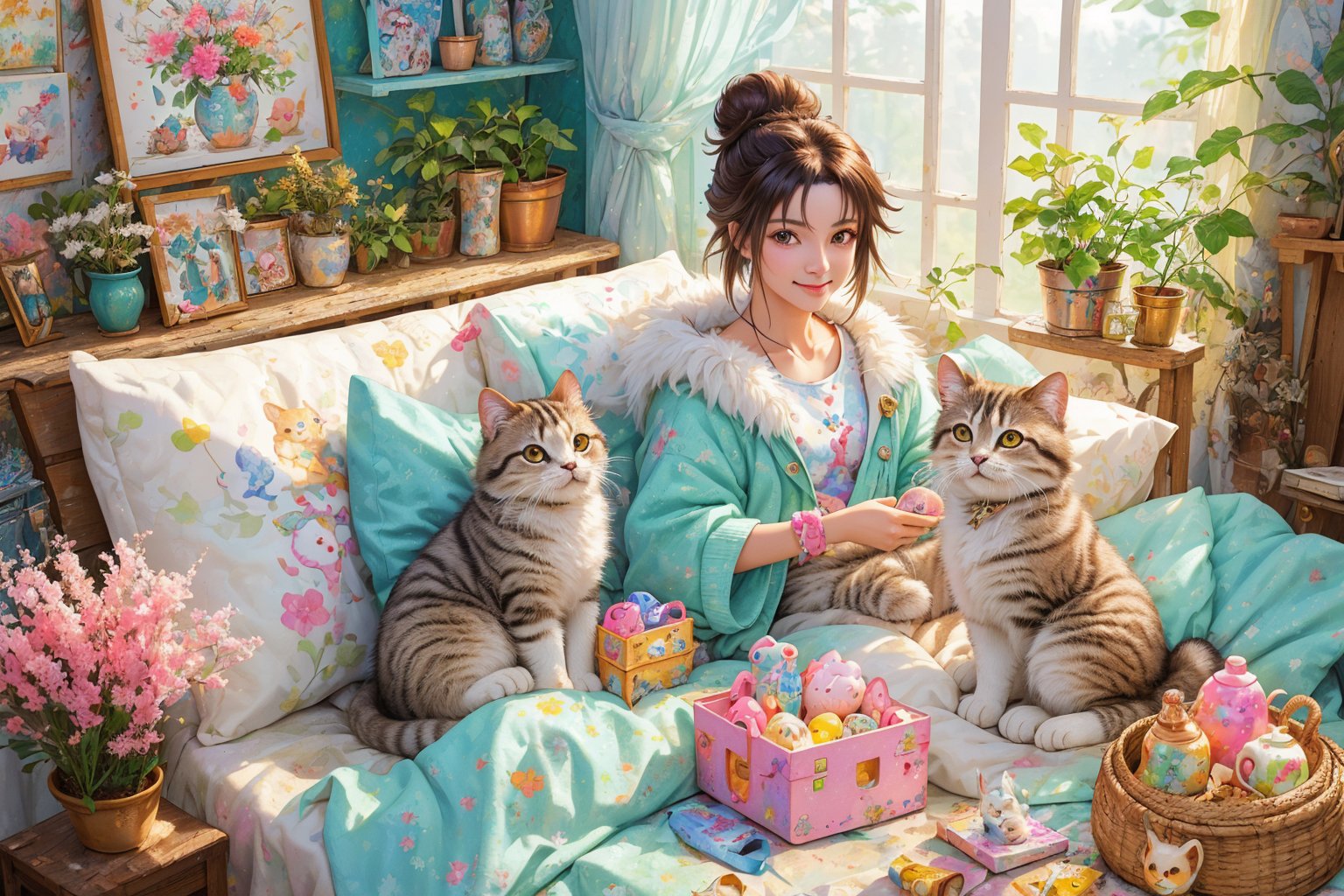 (best quality,ultra-detailed,cute animals,vivid colors,soft lighting,digital illustration,fluffy fur,playful expressions,adorable poses,dreamy atmosphere,colorful surroundings), (art by Makoto :1.5), digital art, child, cute cat, 16K, cool wallpaper, things, jasmine, pillows, clutter, toy, basket, wood, pot, can copper, garden yard, circle face, smile, sharp focus, HDR, Add more details,window, (cute bun hair)