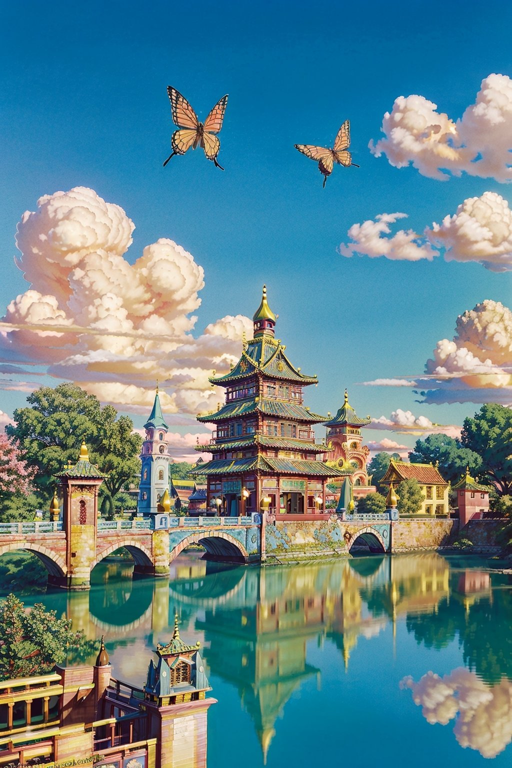 (1girl :1.5), front shot, adorable, (ultra detailed, ultra highres), (masterpiece, top quality, best quality, official art :1.4), (high quality:1.3), cinematic, wide shot, (muted colors, dim colors), A whimsical cityscape under a bright blue sky with fluffy clouds and butterflies. The city features traditional wooden buildings and a fantastical structure that combines a castle, a pagoda, (and a Ferris wheel). The colors are vibrant and detailed. 4k, perfect hands, perfect fingers, Ghiblism2-Ghibli, GhiblismDetailed2, Ghiblismkw2 extremely detailed CG, photorealistic,Anitoon2,Pastel color
