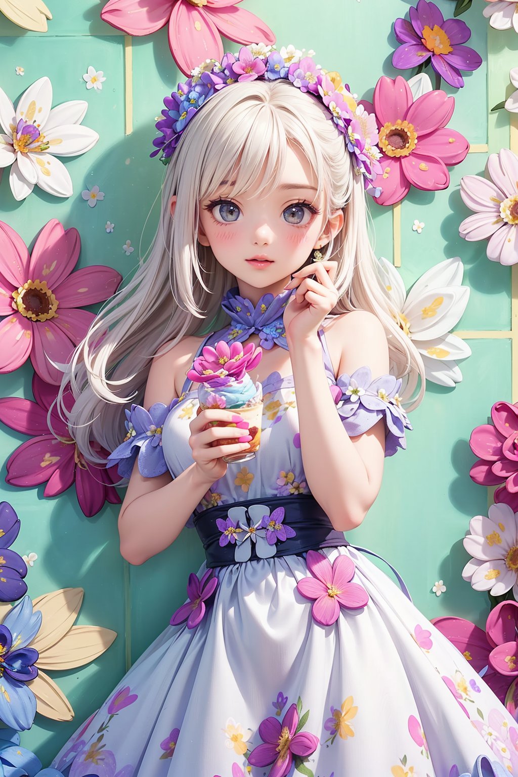 ultra detailed, (masterpiece, top quality, best quality, official art, perfect face:1.2), UHD, (cinematic, azure and light pink:0.85), 32K, (Beautifully Detailed Face and Fingers), (Five Fingers) Each Hand, (muted colors, dim colors), vanilla dress, young beautiful girl, dynamic posing, art, 1girl, pop culture modern aesthetic cafe, bright, (flower wall:2), (parfait, dessert :1.4), more detailed,