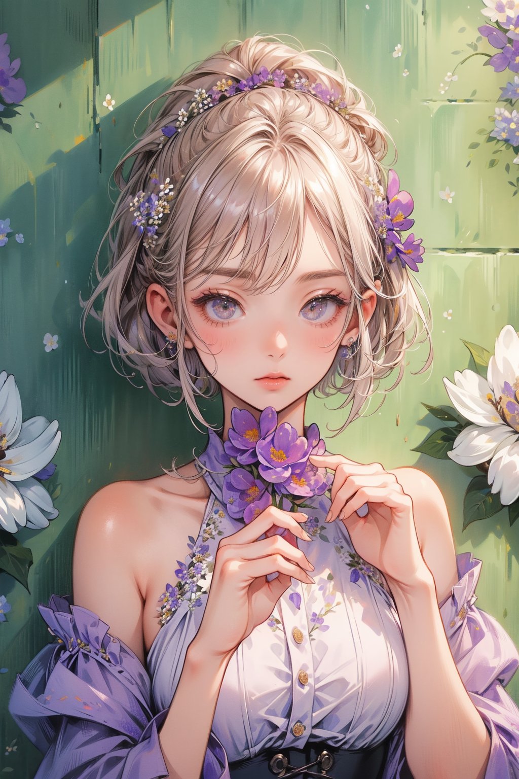 ultra detailed, (masterpiece, top quality, best quality, official art, perfect face:1.2), UHD, (cinematic, azure and light pink:0.85), 32K, (Beautifully Detailed Face and Fingers), (Five Fingers) Each Hand,  (muted colors,  dim colors), vanilla dress, young beautiful girl, dynamic posing, art, 1girl, pop culture modern aesthetic cafe, bright, (flower wall:2), (parfait, dessert :1.4), more detailed,