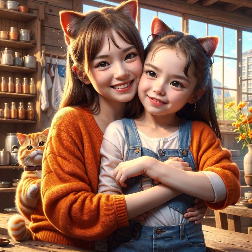 Whimsical folk art picture of a (little girl) and (cat) hugging each other.
,Perfect skin,
(masterpiece,more detail:1.1), (best quality:1.3), 
,scarlet_a,1boy,kr1