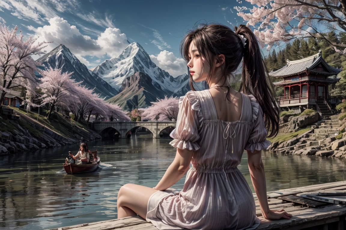 ((1girl)),solo, long hair, brown hair, black hair, dress, sitting, ponytail, outdoors, sky, day, cloud, water, from behind, white dress, tree, cherry blossoms, building, instrument, scenery, reflection, mountain, watercraft, architecture, house, bridge, east asian architecture, river, boat,