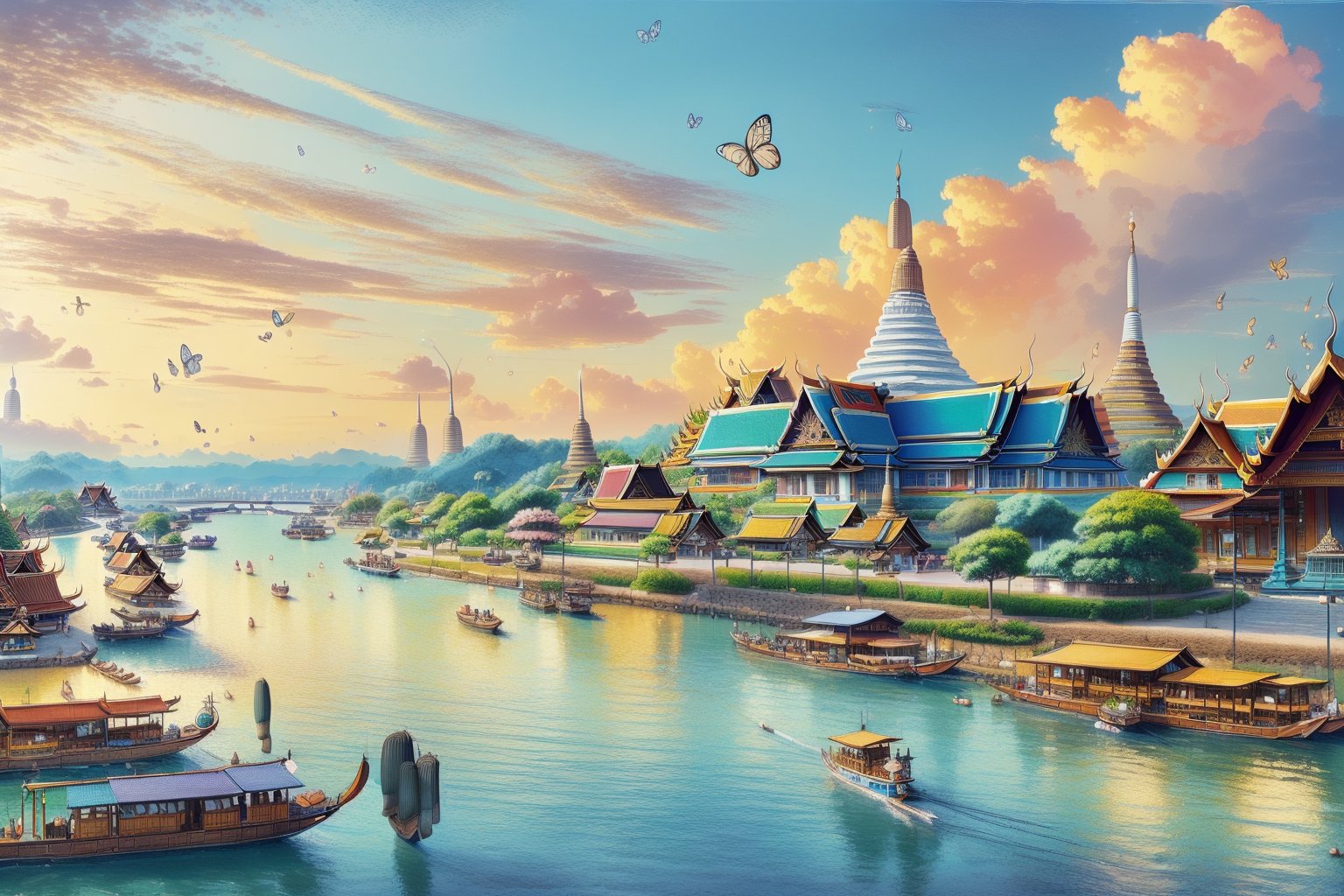 (1girl :1.5), front shot, adorable, (ultra detailed, ultra highres), (masterpiece, top quality, best quality, official art :1.4), (high quality:1.3), cinematic, wide shot, (muted colors, dim colors), A whimsical cityscape under a bright blue sky with fluffy clouds and butterflies. The city features traditional wooden buildings and a fantastical structure that combines a castle, a pagoda, (and a Ferris wheel). The colors are vibrant and detailed. (Thailand culture :1.4), 4k, Ghiblism2-Ghibli, GhiblismDetailed2, Ghiblismkw2 extremely detailed CG, photorealistic,Pastel color,flower