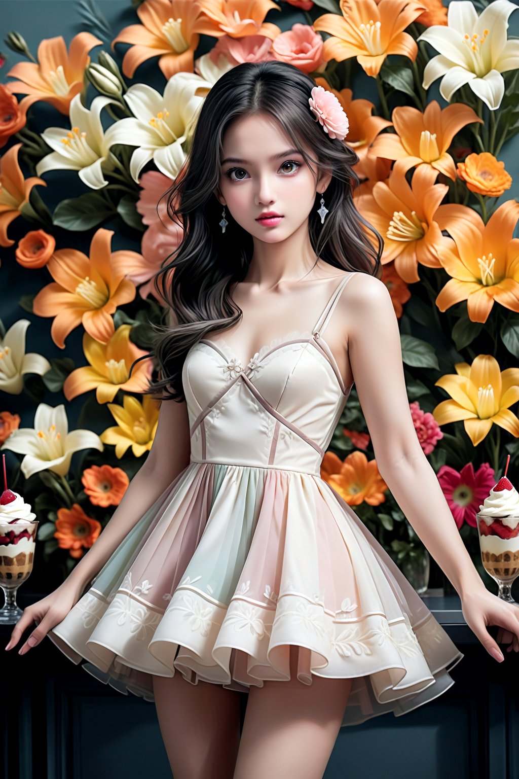 high contrast, highly detailed, 4k, 8k, HD,  digital art, ultra detailed, (masterpiece, top quality, best quality, official art, perfect face:1.2), UHD, (cinematic, azure and light pink:0.85), 32K, (Beautifully Detailed Face and Fingers), (muted colors, dim colors), vanilla dress, young beautiful girl, dynamic posing, art, 1girl, pop culture modern aesthetic cafe, bright, (flower wall:2), (parfait, dessert :1.4), (Five Fingers for Each Hand), (5fingers, detailed hand:1.2),(fine fingers, real hands, real fingers :1.5),More Details