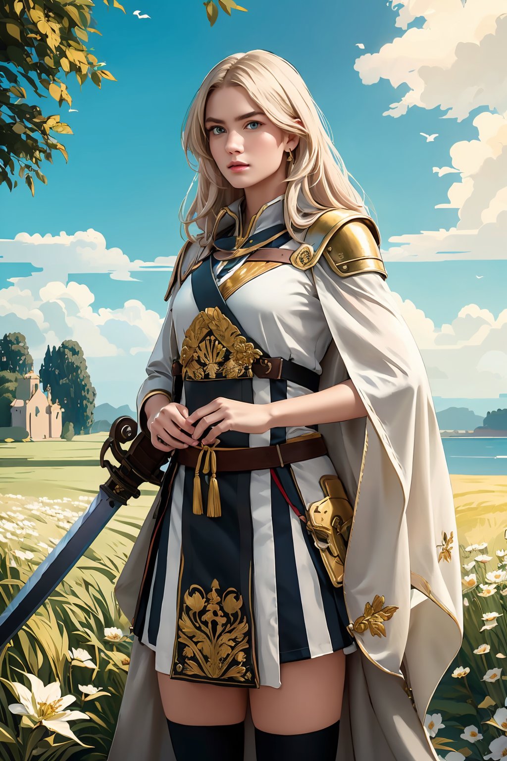 masterpiece, official art, ((ultra detailed)), (ultra quality), high quality, perfect face, A girl with long hair, blond-green hair with bangs, bronze eyes, detailed face, wearing a fancy ornate (((folk dress))), shoulder armor, armor, glove, hairband, hair accessories, striped, (holding the great weapon:1.6), jewelery, thighhighs, pauldrons, side slit, capelet, vertical stripes, looking at viewer, fantastical and ethereal scenery, daytime, church, grass, flowers. Intricate details, extremely detailed, incredible details, full colored, complex details, hyper maximalist, detailed decoration, detailed lines, best quality, HDR, dynamic lighting, perfect anatomy, realistic, more detail,
