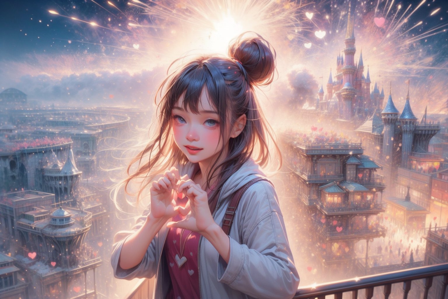 (best quality),(masterpiece:1.1),(extremely detailed CG unity wallpaper:1.1), (colorful:1.2),(panorama shot:1.4),looking at viewer,from above,2 girls ,15yo, (Disney cosplay :1.4), (Disney land Tokyo background :1.4), adorable hair, fun, smile, flowers (innocent grey), 16K, UHD, HDR, rose, twilight, perfect shadow, (perfect fingers :1.4), perfect face, five fingers for each hand, (heart hands pose :1.4), FANTASY ,beehive fireworks