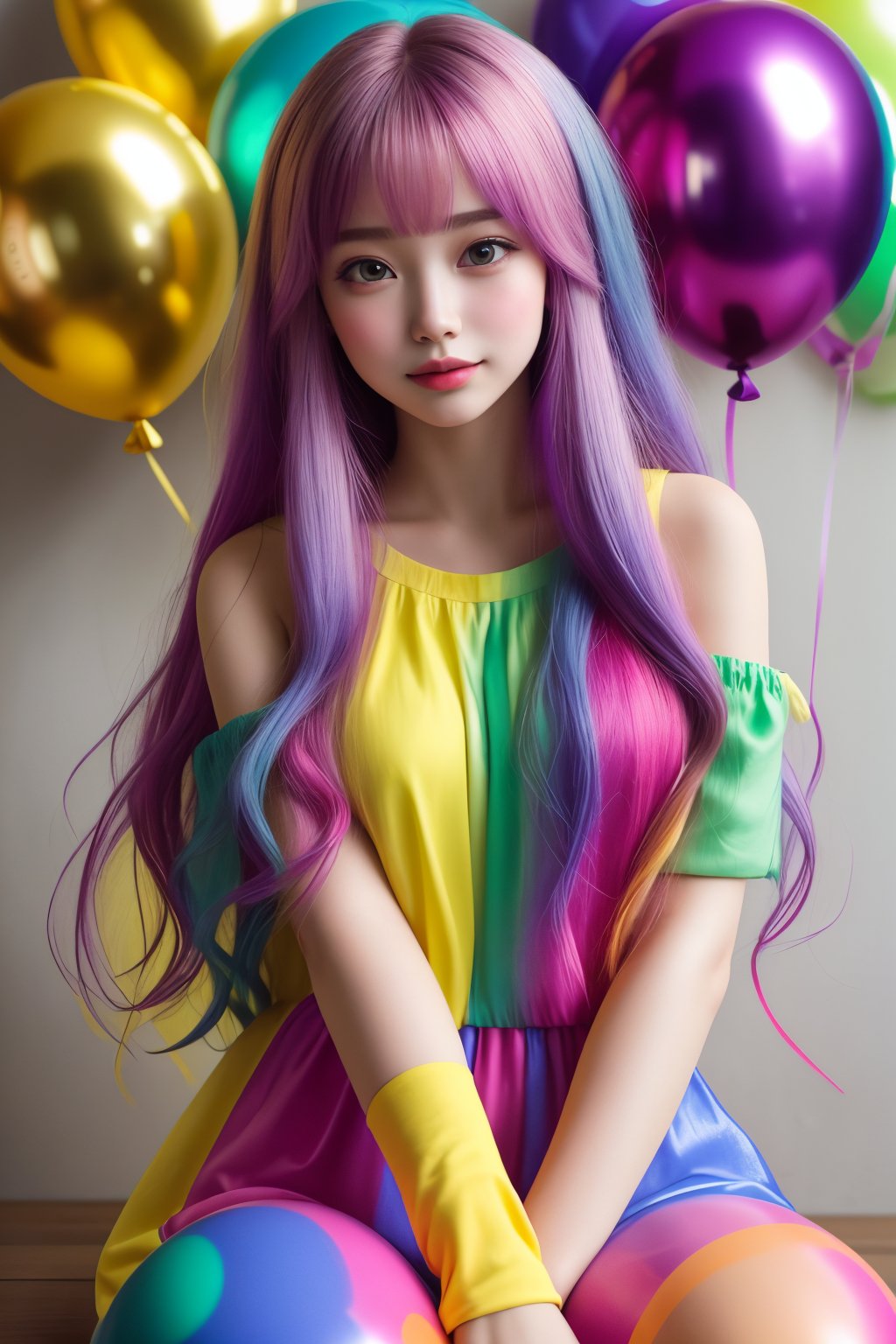 masterpiece, best quality, incredibly absurdres, 1girl, multiple colorful balloon, sitting, happy, closed mouth, casual outfit, very long hair, multi colored hair, confetti, upper body, bangs
