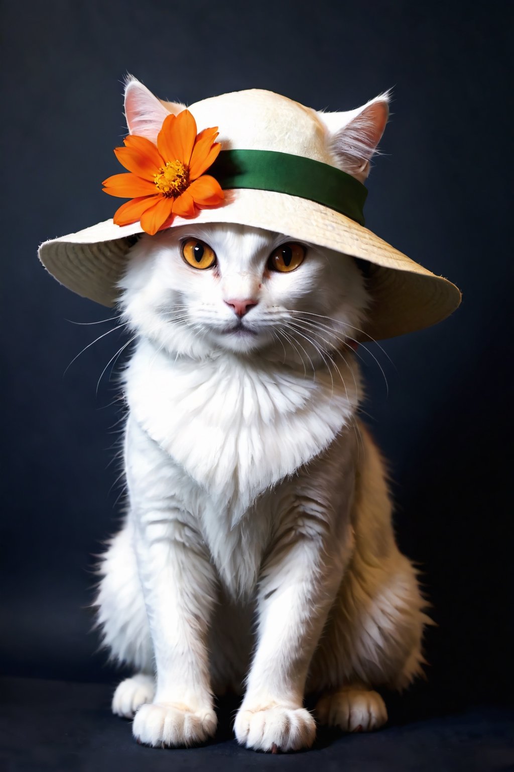 white_cat , wearing_a_flower_hat , orange_flower_hat , 