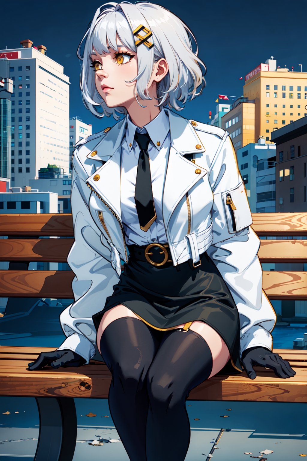 BBHACHI, sitting_on_bench,  city_background ,  golden_eyes , white_hair  HAIR, HAIR ORNAMENT, BANDAID ON NOSE, WHITE SHIRT with golden outline, BLACK NECKTIE, WHITE JACKET, OPEN JACKET, CROPPED JACKET, LONG SLEEVES, BLACK GLOVES, BLACK SKIRT, HIGH-WAIST SKIRT, BELT, SINGLE THIGHHIGH,Pixel art