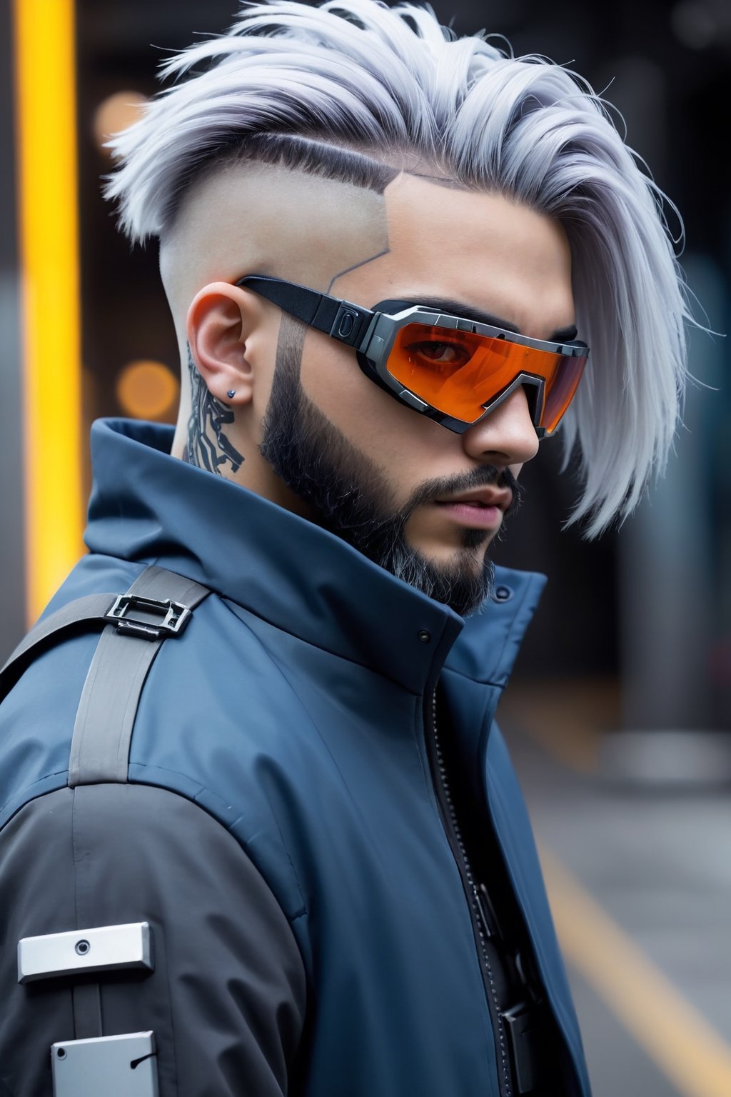 Guy , white_hair , short_hair ,puffy_hair ,  fade_haircut ,  blue_jacket ,cyberpunk , black_eyes , looking_sideways , male,  futuristic , facial_scar , goggles ,beard ,male,HellAI