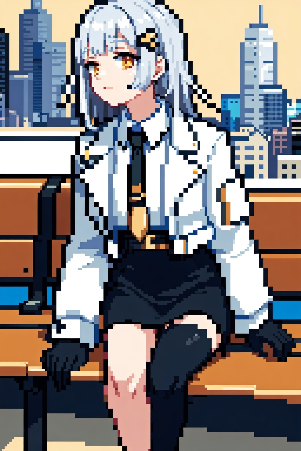 BBHACHI, sitting_on_bench,  city_background ,  golden_eyes , white_hair  HAIR, HAIR ORNAMENT, BANDAID ON NOSE, WHITE SHIRT with golden outline, BLACK NECKTIE, WHITE JACKET, OPEN JACKET, CROPPED JACKET, LONG SLEEVES, BLACK GLOVES, BLACK SKIRT, HIGH-WAIST SKIRT, BELT, SINGLE THIGHHIGH,Pixel art