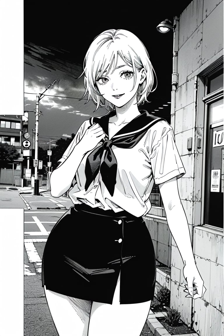 ((grayscale, manga, monochrome, lineart)), ((screen tone, stipple dot)), anna, a pretty woman, 1girl, 22yo, stunning, double eyelids, detailed eyes, glossy plump lips, lipstick, makeup, look at camera, best quality, 8k, 32k, masterpiece, uhd, smile, slim thin body, hot look, very short hair, business_suit, suit, shorts under skirt, white long shocks, sailor shirt,  sailor suite,  serafuku sailor collar),fujimotostyle