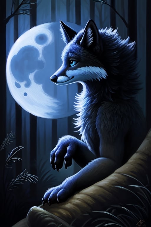 night moonlight forest Personification furry Therianthropy fox wizard painting dark tones magic