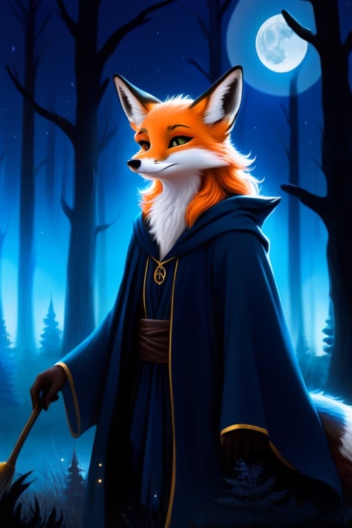 night moonlight forest Personification furry  fox  wizard