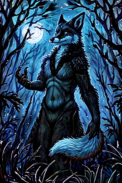 night moonlight forest Personification furry Therianthropy fox wizard painting dark tones magic