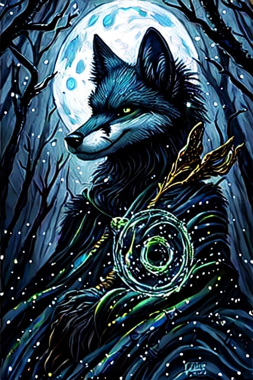 night moonlight forest Personification furry Therianthropy fox wizard painting dark tones magic