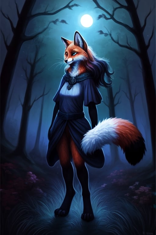 night moonlight forest Personification furry Therianthropy  red fox cat Chimera  wizard painting dark tones magic  