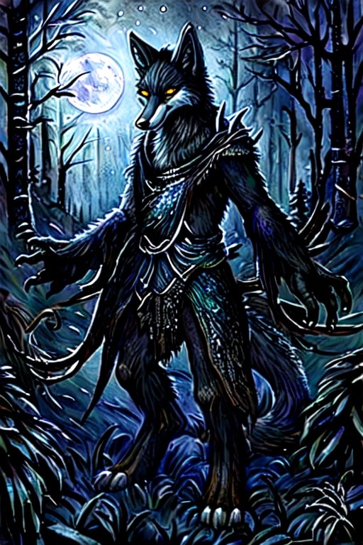 night moonlight forest Personification furry Therianthropy fox wizard painting dark tones magic