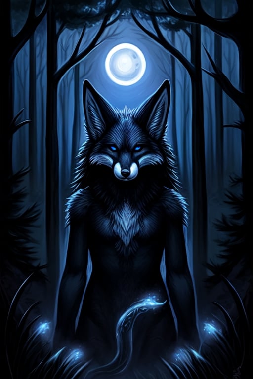 night moonlight forest Personification furry Therianthropy fox wizard painting dark tones magic