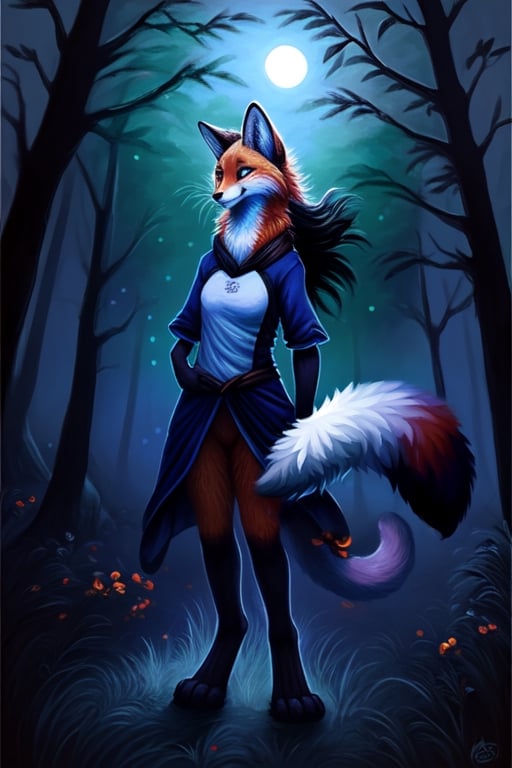 night moonlight forest Personification furry Therianthropy  red fox cat Chimera  wizard painting dark tones magic  