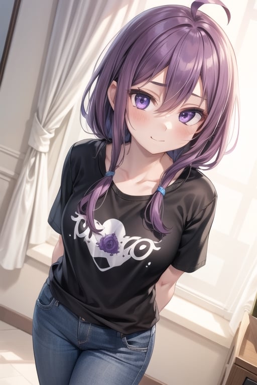 1girl,masterpiece,best quality,long hair, purple hair, purple eyes, ahoge, oversized t-shirt, gray ripped jeans , looking at viewer, facing viewer , blush , closed mouth, from above, close view, arms behind back, slight smile,