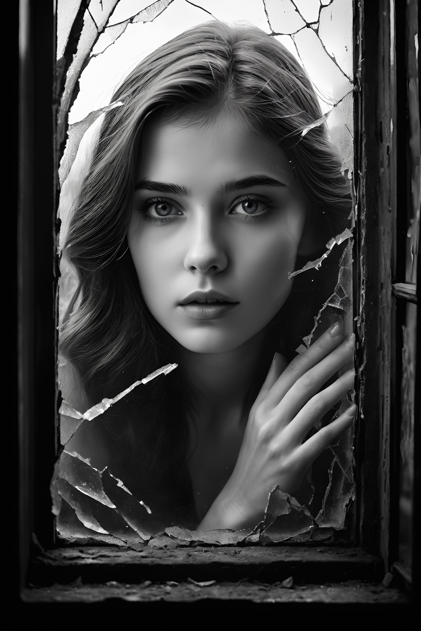 breathtaking ethereal illustration, beautiful young girl looking from inside trough broken window, (perfect eyes:2.0), (perfect hands:2.0) . head and shoulders shot, black snd white, film noir, dark and moody style, exquisite details, highly detailed