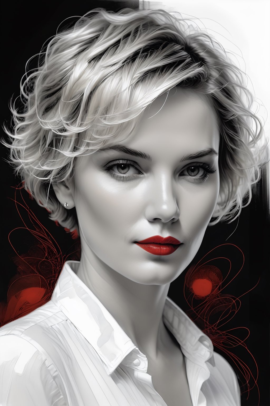 SelectiveColorStyle red, pencil Sketch of a beautiful mature woman 40 years old, with blonde short hair, messy hair, dark eyes, alluring, ink drawing, illustrative art, soft lighting, detailed, elegant, low contrast, add soft blur with thin line, red lipstick . (black red and white colors:2.0), masterpiece, professional, exquisite details, highly detailed, UHD, 64k