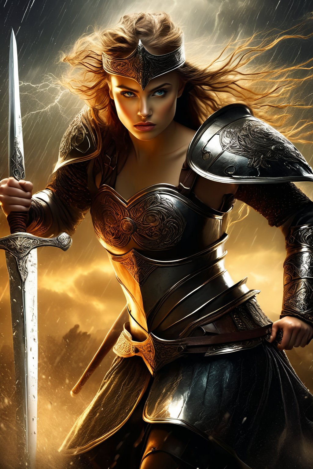 breathtaking illustration of beautiful young (sexy:2.0) brave irish female warrior with helmet, sword and shield coming out from storm with thunder and lightning, alluring, (perfect eyes:2.0), (perfect hands:2.0), evocative dynamic action pose . dark and moody style, Splash art, sharp focus, focus on eyes, hyperrealistic, volumetric lighting, dramatic lighting, cinematic lighting, exquisite details, highly detailed, UHD, 64k resolution