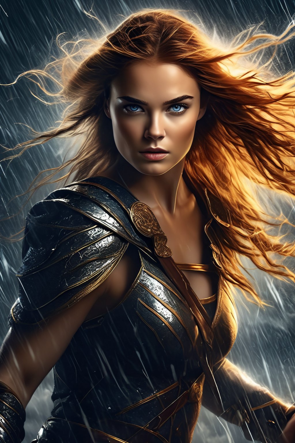 breathtaking illustration of beautiful young (sexy:2.0) brave irish female warrior coming out from storm with thunder and lightning, alluring, (perfect eyes:2.0), (perfect hands:2.0), evocative dynamic action pose . dark and moody style, Splash art, sharp focus, focus on eyes, hyperrealistic, volumetric lighting, dramatic lighting, cinematic lighting, exquisite details, highly detailed, UHD, 64k resolution