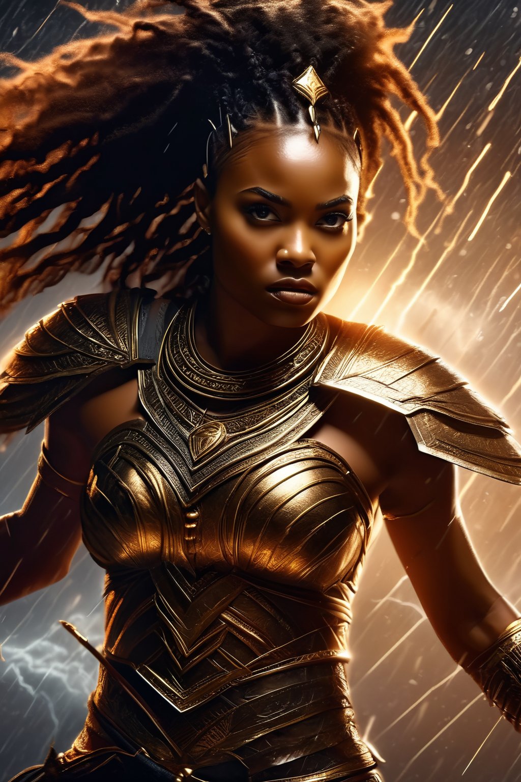 breathtaking illustration of beautiful young (sexy:2.0) brave african female warrior coming out from storm with thunder and lightning, alluring, (perfect eyes:2.0), (perfect hands:2.0), evocative dynamic action pose . dark and moody style, Splash art, sharp focus, focus on eyes, hyperrealistic, volumetric lighting, dramatic lighting, cinematic lighting, exquisite details, highly detailed, UHD, 64k resolution