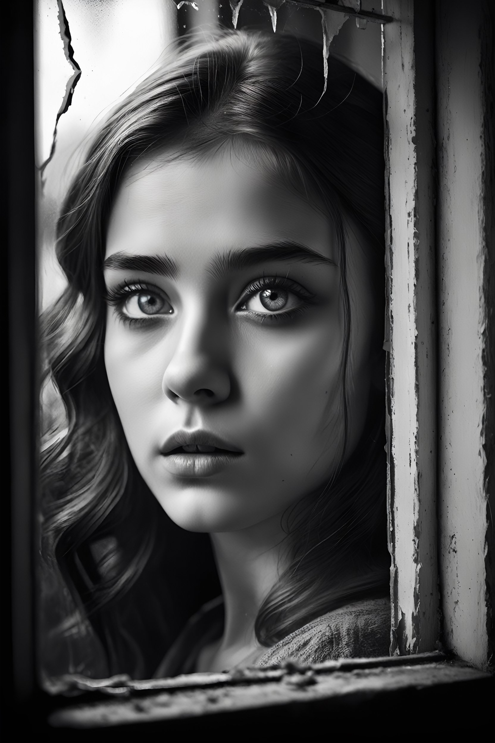 breathtaking ethereal illustration, beautiful young girl looking from inside trough brokenn window, (perfect eyes:2.0) . black snd white, film noir, dark and moody style, exquisite details, highly detailed