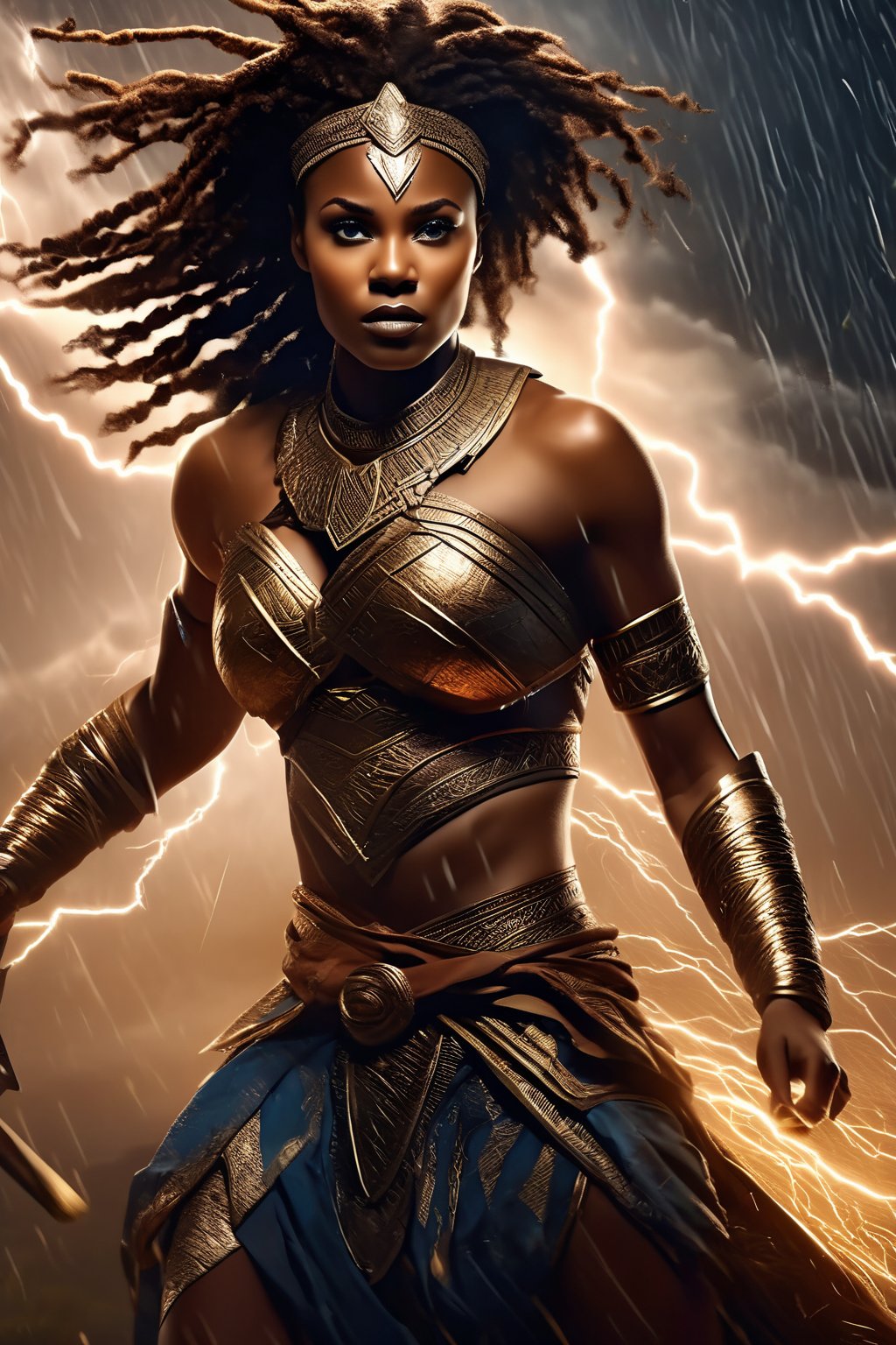 breathtaking illustration of beautiful young (sexy:2.0) brave african female warrior coming out from storm with thunder and lightning, alluring, (perfect eyes:2.0), (perfect hands:2.0), evocative dynamic action pose . dark and moody style, Splash art, sharp focus, focus on eyes, hyperrealistic, volumetric lighting, dramatic lighting, cinematic lighting, exquisite details, highly detailed, UHD, 64k resolution