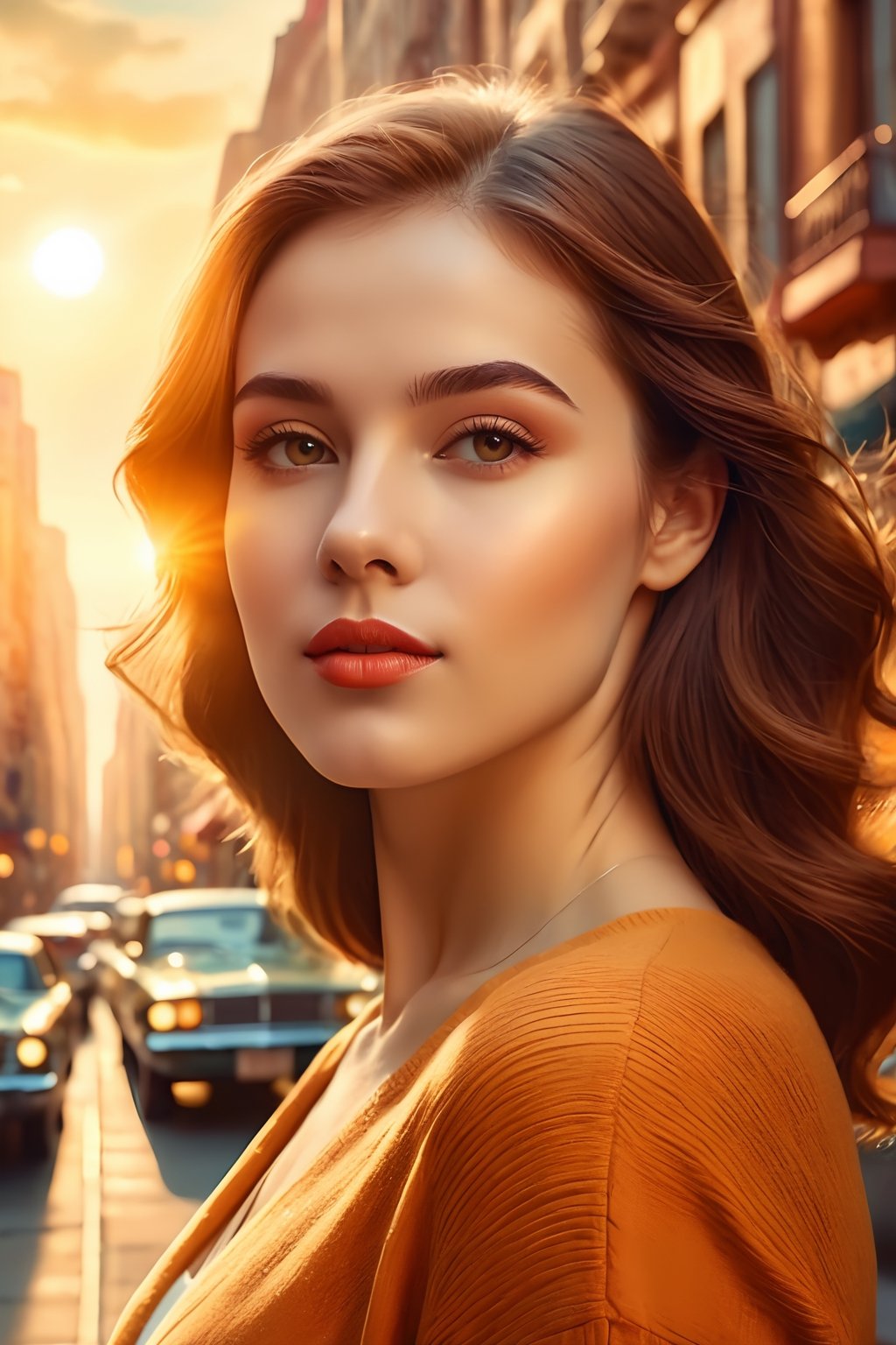 a highly detailed illustration of a beautiful young women in retro city . warm colors, crepuscular rays, masterpiece, professional, award-winning, exquisite detailed, highly detailed, UHD, 64k