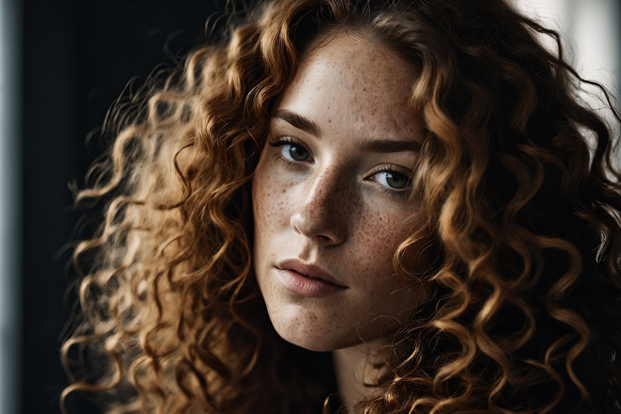 breathtaking macrophotography profile portrait photograph of beautiful woman with freckles and long curly hair . black snd white, rule of thirds, film noir, dark and moody style, volumetric lighting, exquisite details, highly detailed