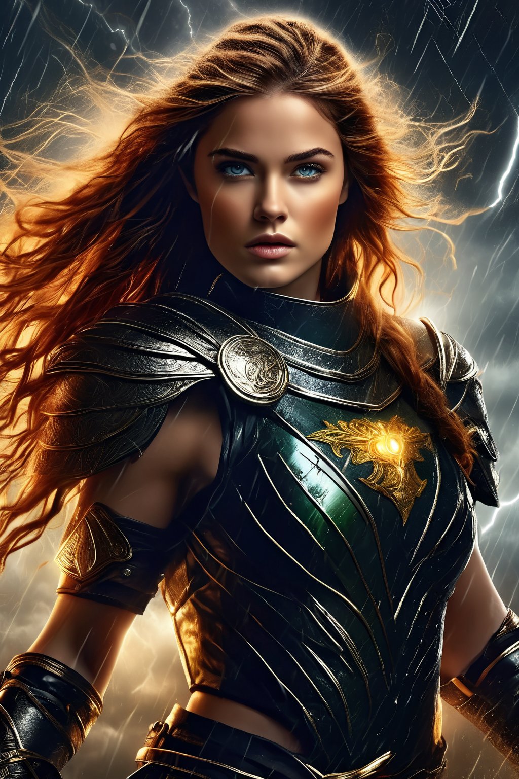 breathtaking illustration of beautiful young (sexy:2.0) brave irish female warrior coming out from storm with thunder and lightning, alluring, (perfect eyes:2.0), (perfect hands:2.0), evocative dynamic action pose . dark and moody style, Splash art, sharp focus, focus on eyes, hyperrealistic, volumetric lighting, dramatic lighting, cinematic lighting, exquisite details, highly detailed, UHD, 64k resolution