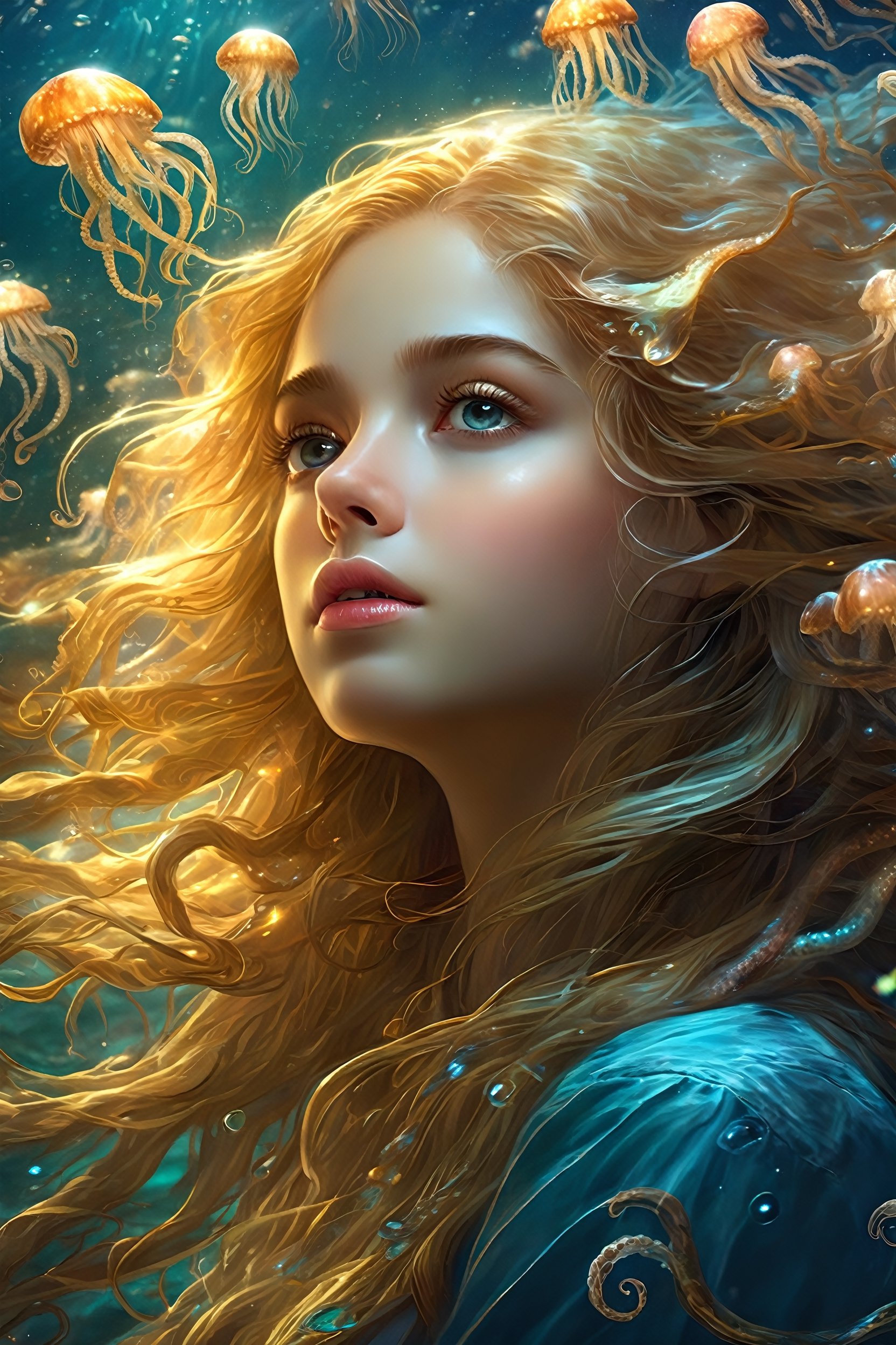 best quality,Amazing,Beautiful golden eyes,finely detail,Depth of field,extremely detailed CG unity 8k wallpaper,(1 girl :1.5),Deep sea background,jellyfish,masterpiece,fluttered detailed splashs, beautiful detailed water,cosmic eyes,Shock sensation,(realistic :0.5),octopus,original