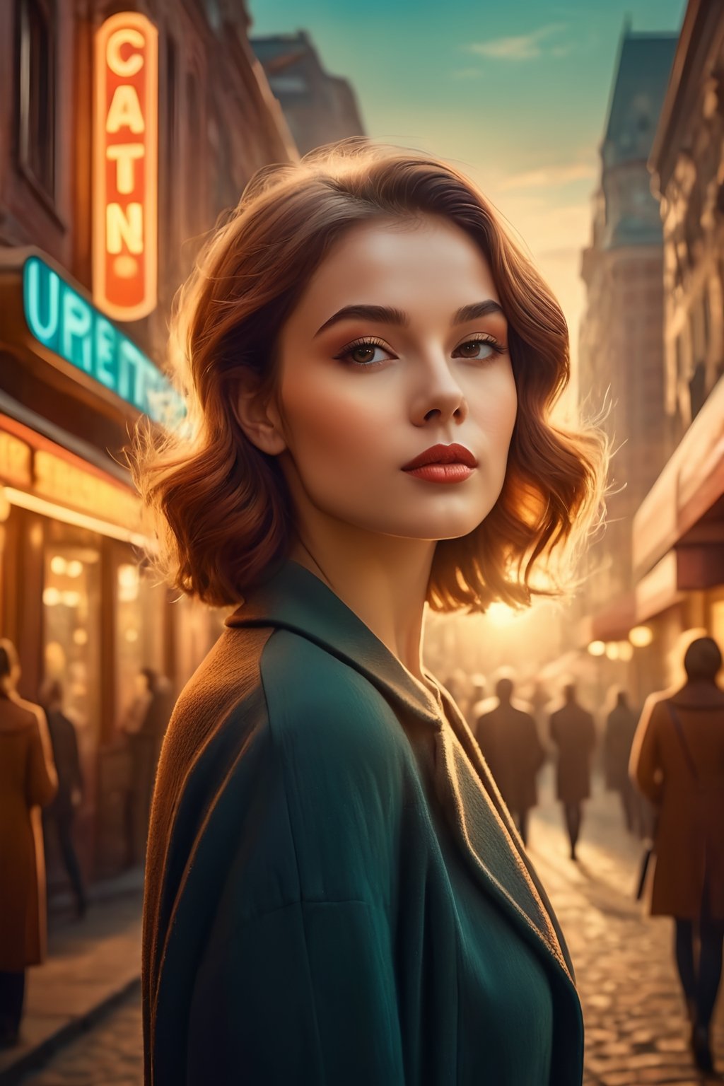 a highly detailed illustration of a beautiful young women in retro city . warm colors, crepuscular rays, dark and moody style, dramatic lighting, sunlight, masterpiece, professional, award-winning, exquisite detailed, highly detailed, UHD, 64k