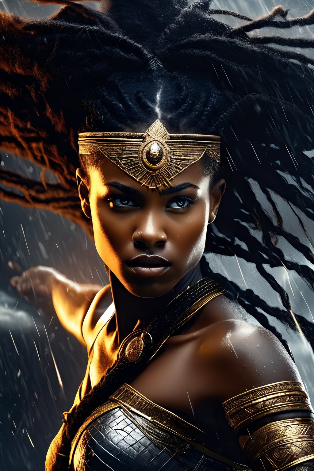 breathtaking illustration of beautiful young (sexy:2.0) brave african female warrior coming out from storm with thunder and lightning, alluring, (perfect eyes:2.0), (perfect hands:2.0), evocative dynamic action pose . dark and moody style, Splash art, sharp focus, focus on eyes, hyperrealistic, volumetric lighting, dramatic lighting, cinematic lighting, exquisite details, highly detailed, UHD, 64k resolution