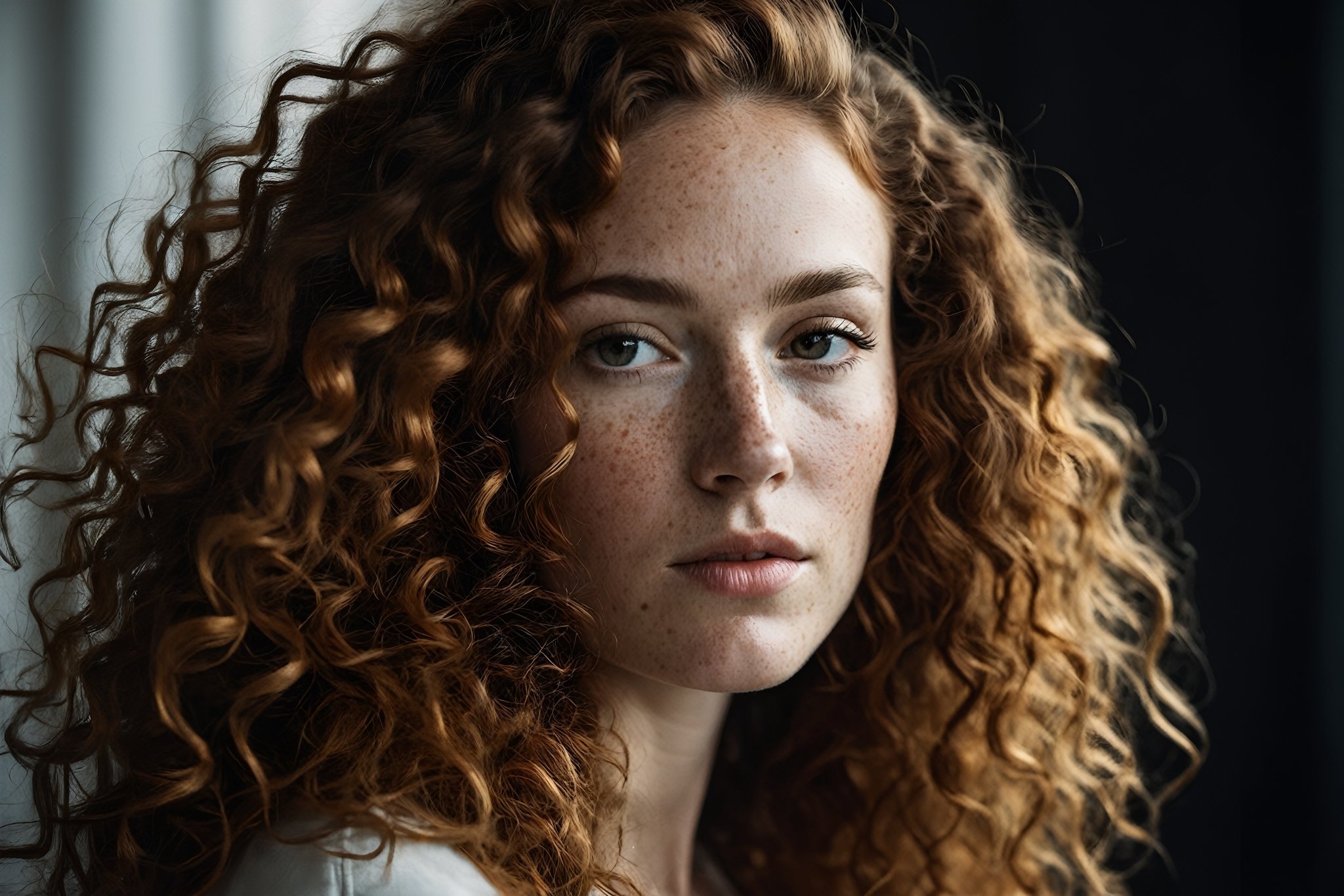 breathtaking macrophotography profile portrait photograph of beautiful woman with freckles and long curly hair . black snd white, rule of thirds, film noir, dark and moody style, volumetric lighting, exquisite details, highly detailed