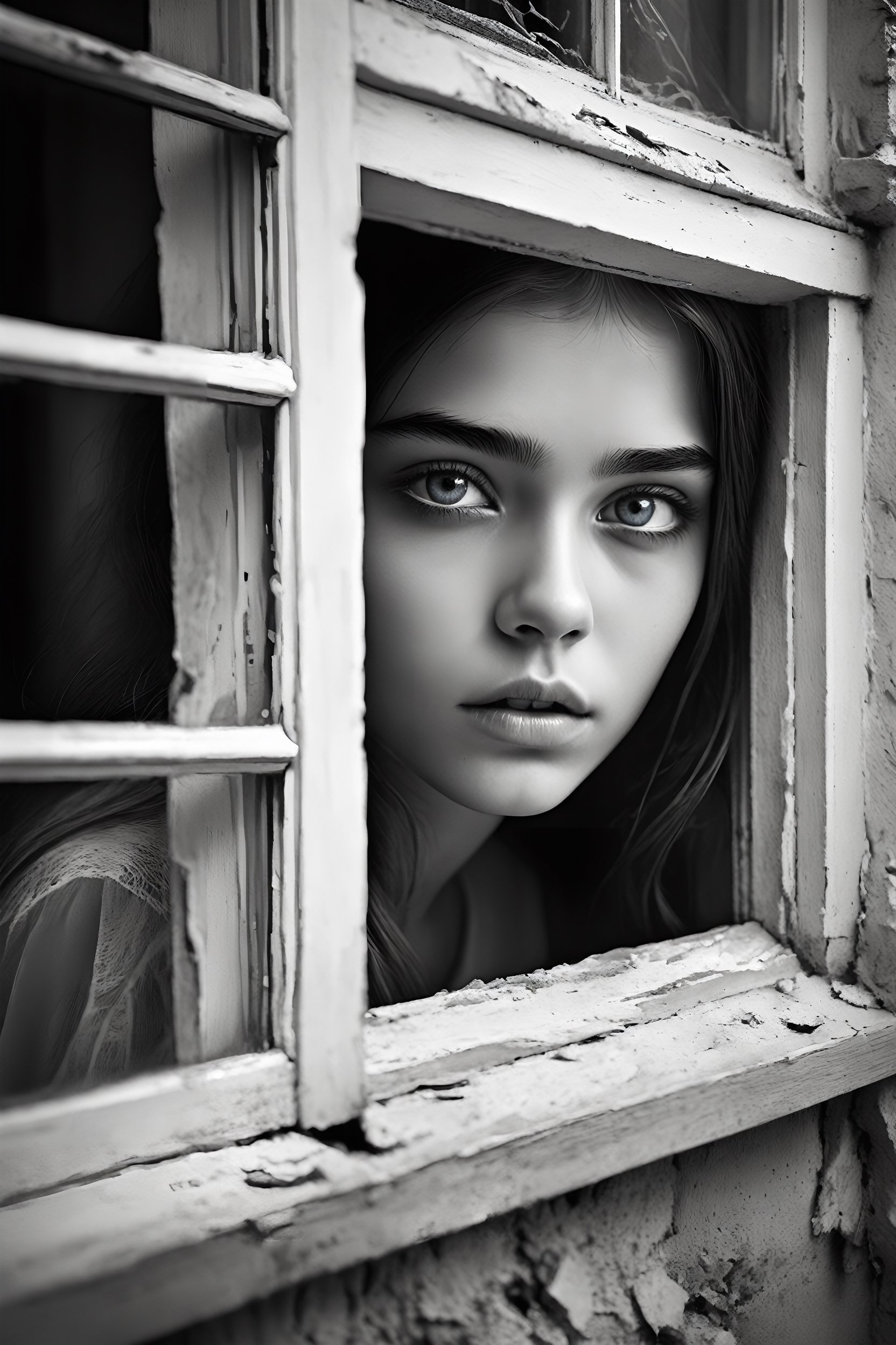 breathtaking ethereal illustration, beautiful young girl looking from inside trough brokenn window, (perfect eyes:2.0) . black snd white, dark and moody style, exquisite details, highly detailed