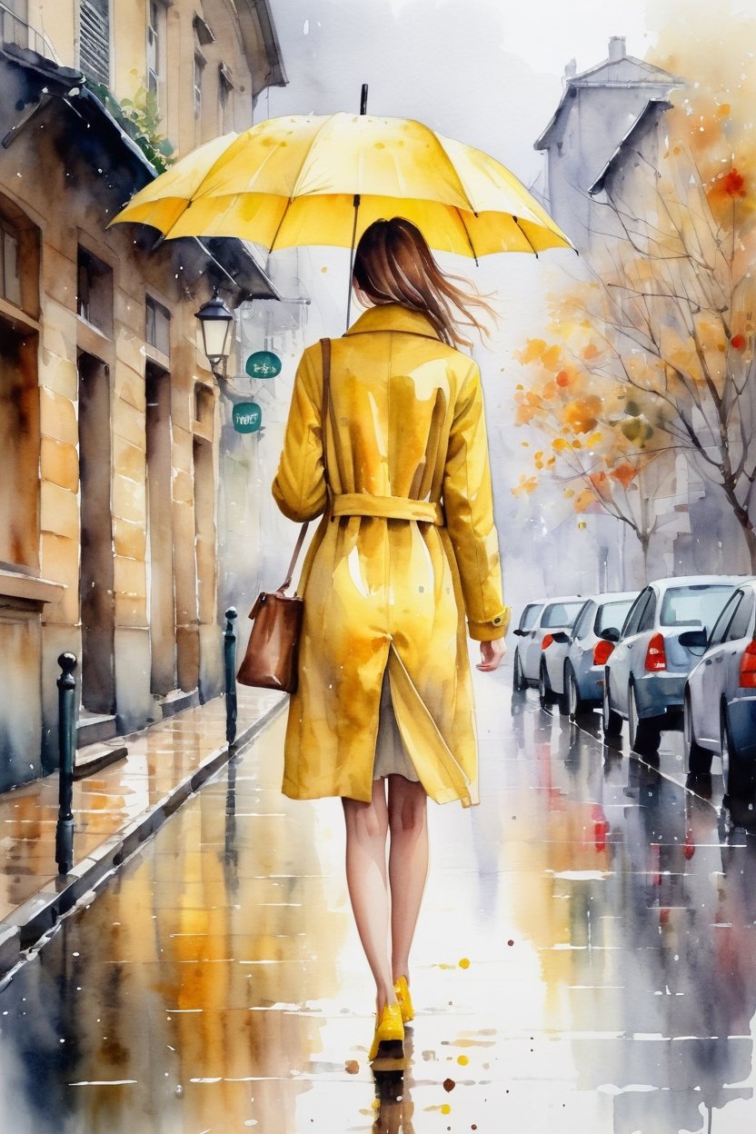 breathtaking ethereal watercolor painting of young beautiful woman wearing yellow coat and shoes with yellow umbrella walking in autumn rainy street . from back, full body shot