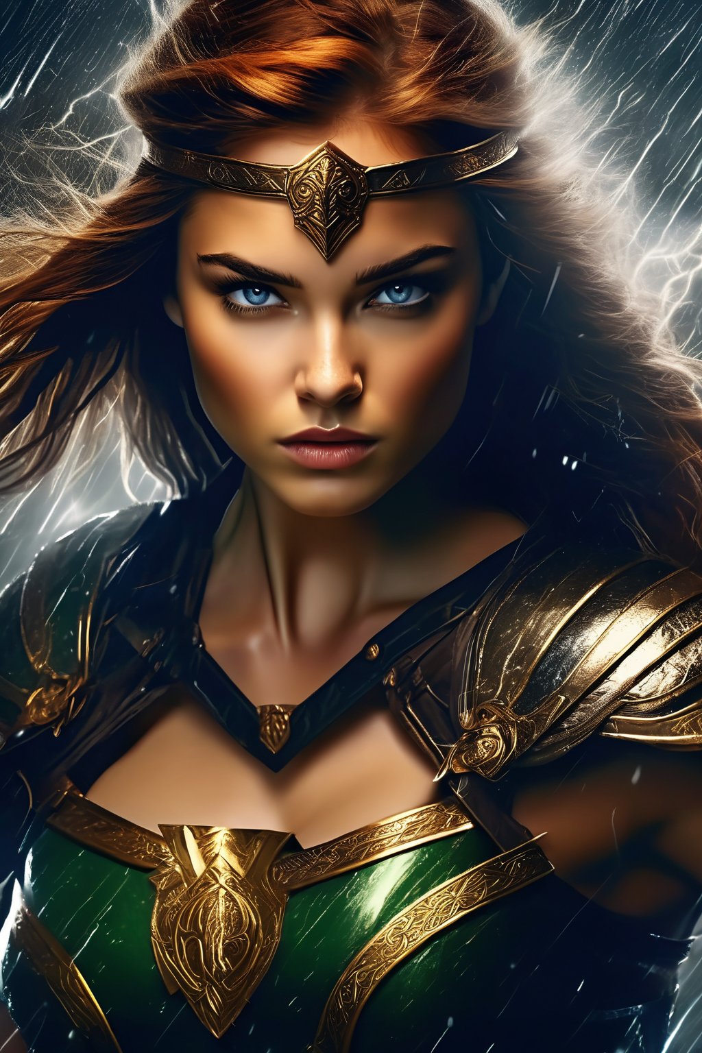 breathtaking illustration of beautiful young (sexy:2.0) brave irish female warrior coming out from storm with thunder and lightning, alluring, (perfect eyes:2.0), (perfect hands:2.0), evocative dynamic action pose . dark and moody style, Splash art, sharp focus, focus on eyes, hyperrealistic, volumetric lighting, dramatic lighting, cinematic lighting, exquisite details, highly detailed, UHD, 64k resolution