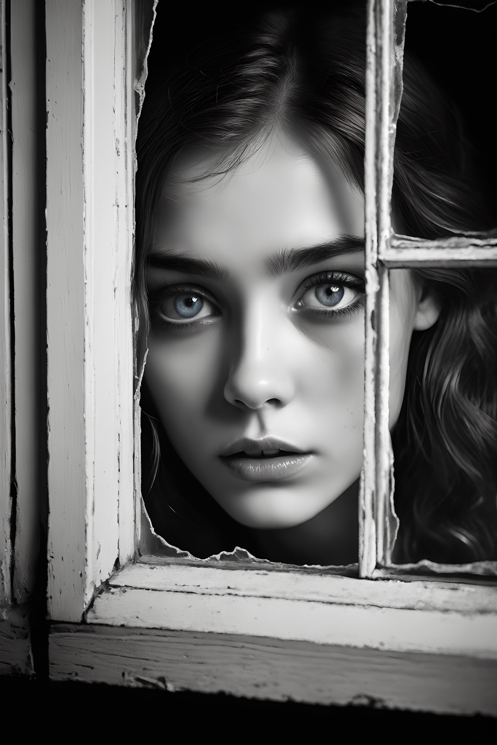 breathtaking ethereal illustration, beautiful young girl looking from inside trough brokenn window, (perfect eyes:2.0) . black snd white, film noir, dark and moody style, exquisite details, highly detailed