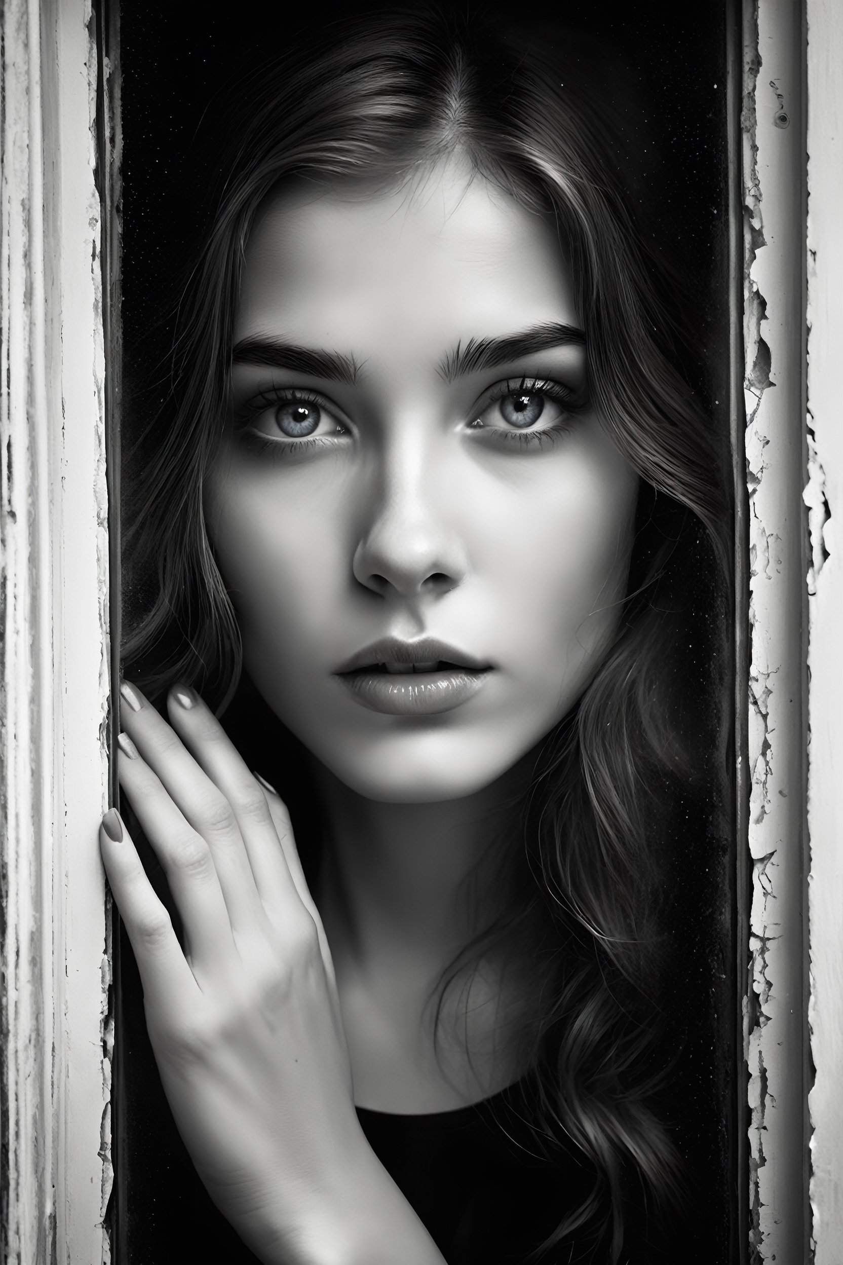 breathtaking ethereal illustration, beautiful young girl looking from inside trough brokenn window, (perfect eyes:2.0), (perfect hands:2.0) . head and shoulders shot, black snd white, film noir, dark and moody style, exquisite details, highly detailed