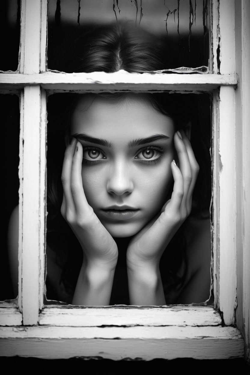 breathtaking ethereal illustration, beautiful young girl looking from inside trough brokenn window, (perfect eyes:2.0), (perfect hands:2.0) . head and shoulders shot, black snd white, film noir, dark and moody style, exquisite details, highly detailed