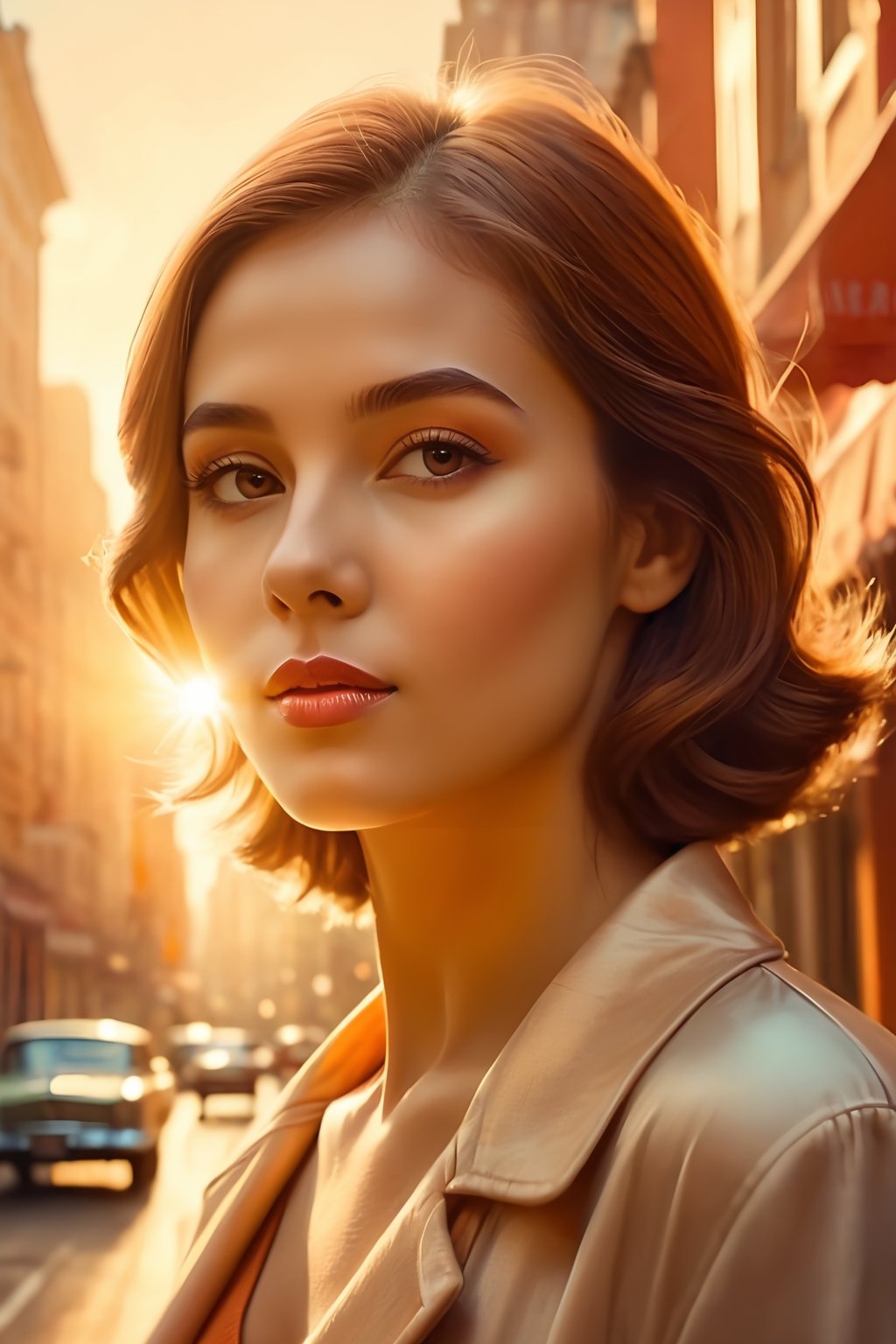 a highly detailed illustration of a beautiful young women in retro city . warm colors, crepuscular rays, volumetric lighting, sunlight, masterpiece, professional, award-winning, exquisite detailed, highly detailed, UHD, 64k